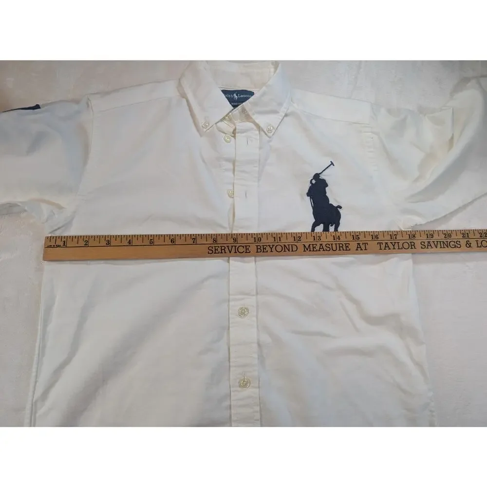 Ralph Lauren Boys White Big Pony Oxford Button Shirt Size M 10-12 Long Sleeve